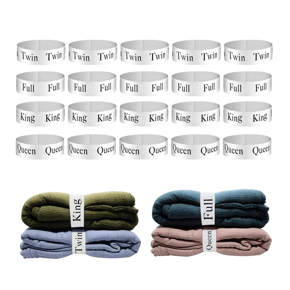 A collection of elastic bed sheet organizer straps in Twin, Full, King, and Queen sizes with corresponding labels.