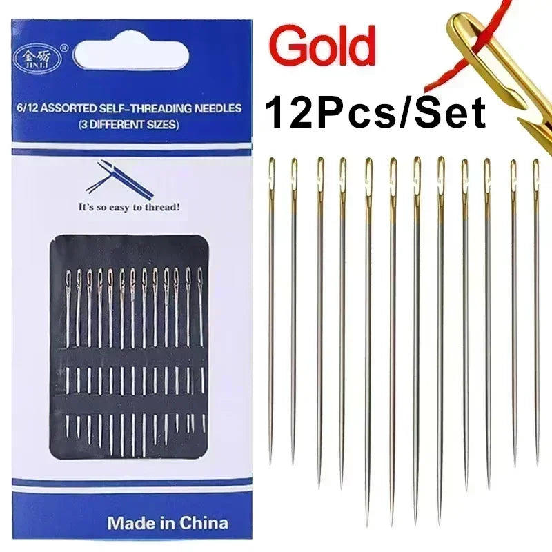 A set of 12 assorted self-threading stainless steel sewing needles packaged in a blue box.