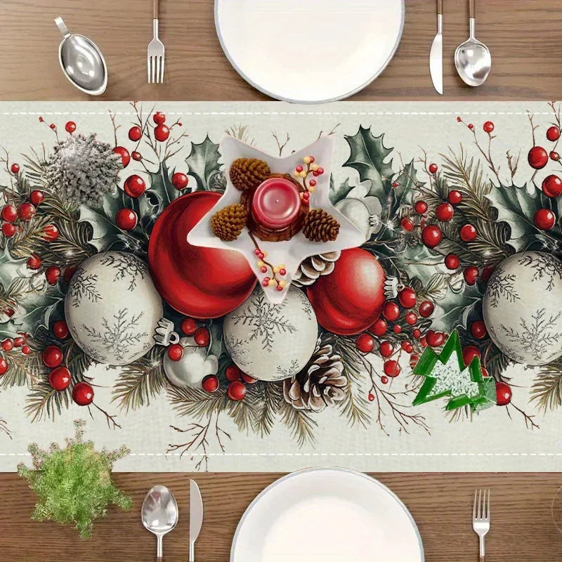 A linen table runner featuring a festive Christmas design with pine cones, red berries, and greenery.