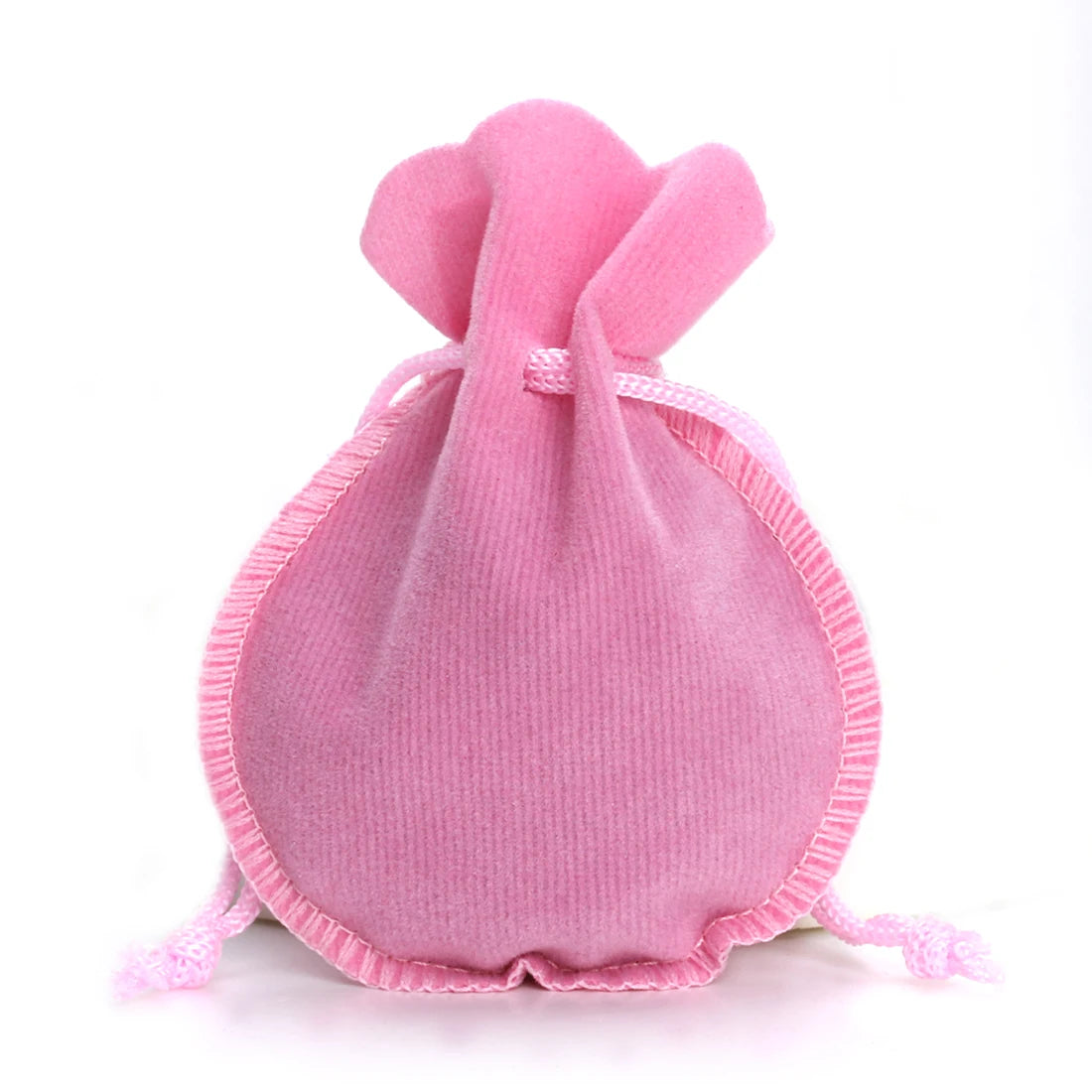 A pink velvet drawstring gift bag with a gourd shape.