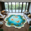 A round rug featuring a blue background with orange koi fish and green aquatic plants.
