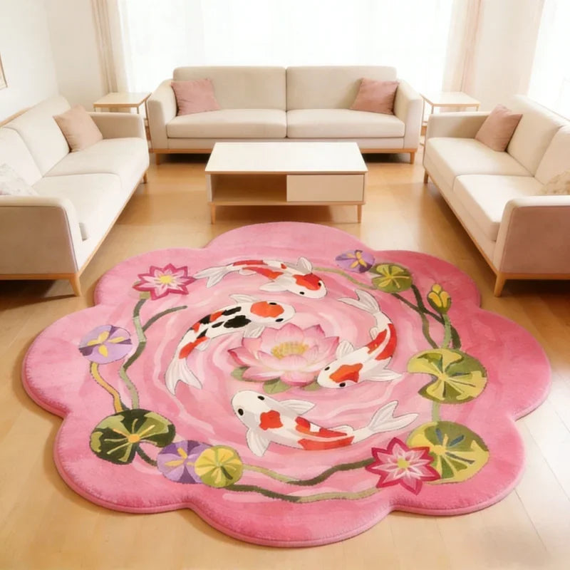 A round pink rug featuring a colorful koi fish pattern on a light wooden floor.