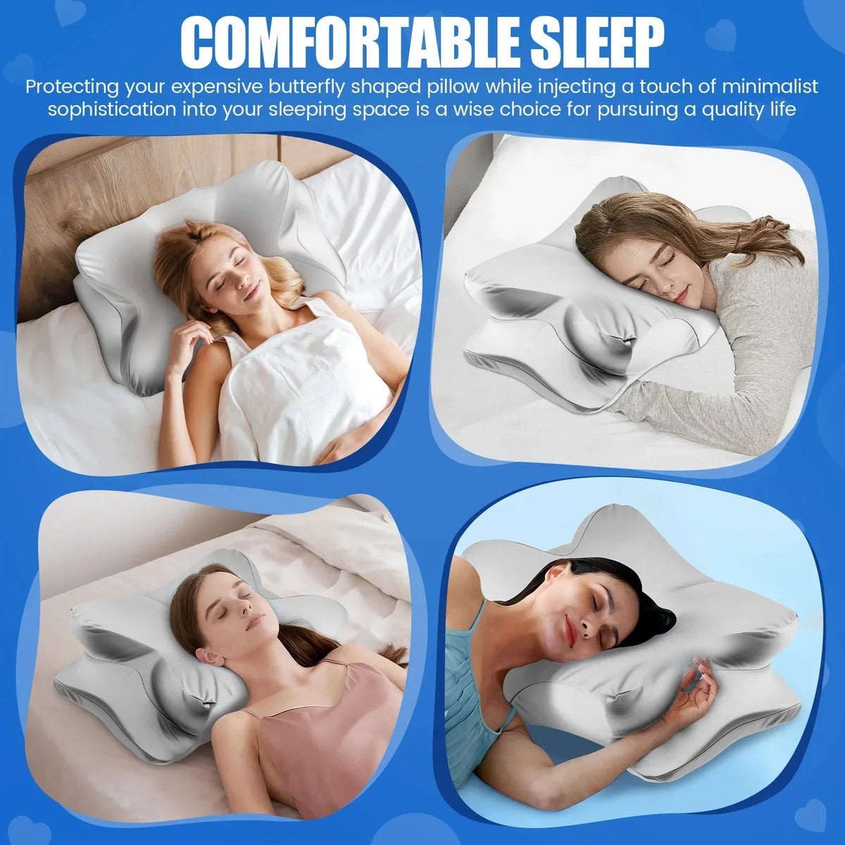 A close-up of a satin zippered cervical pillow cover being used for comfortable sleep.