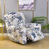 A floral print recliner and sofa slipcover set displayed on a light wood floor.