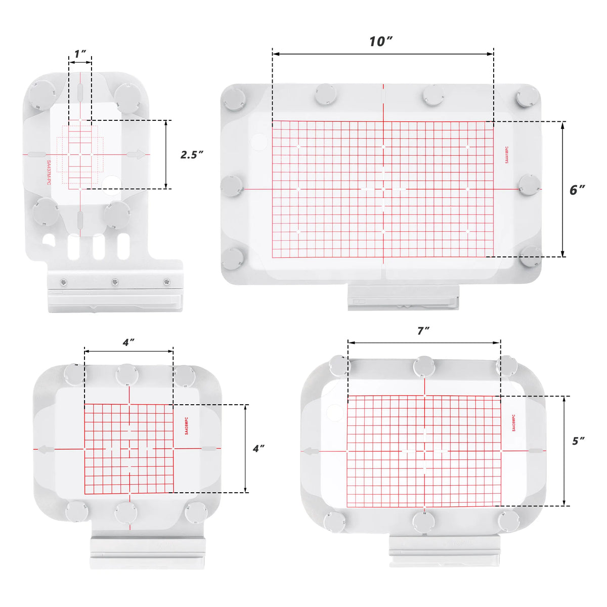 A set of four magnetic embroidery hoops in white and red grid patterns for use with Brother machines.
