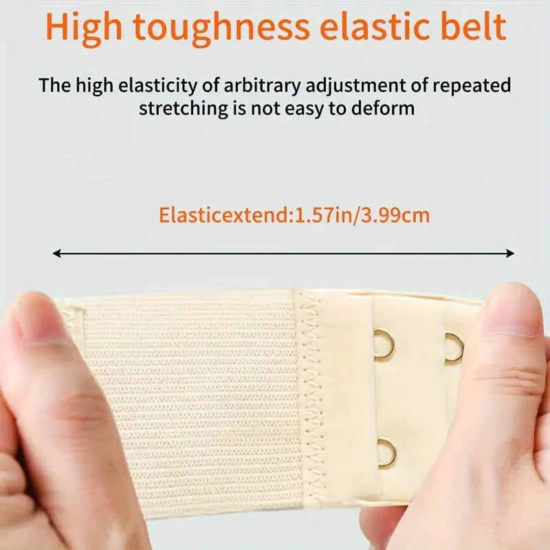 A hand is stretching a beige elastic belt, demonstrating its elasticity and adjustability.