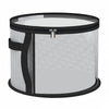 A cylindrical storage hat organizer made of black non-woven fabric with a clear plastic cover and a silver clasp.
