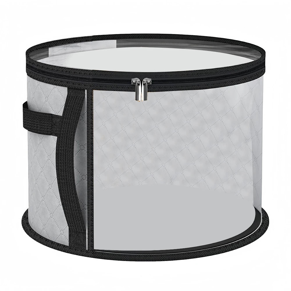 A cylindrical storage hat organizer made of black non-woven fabric with a clear plastic cover and a silver clasp.