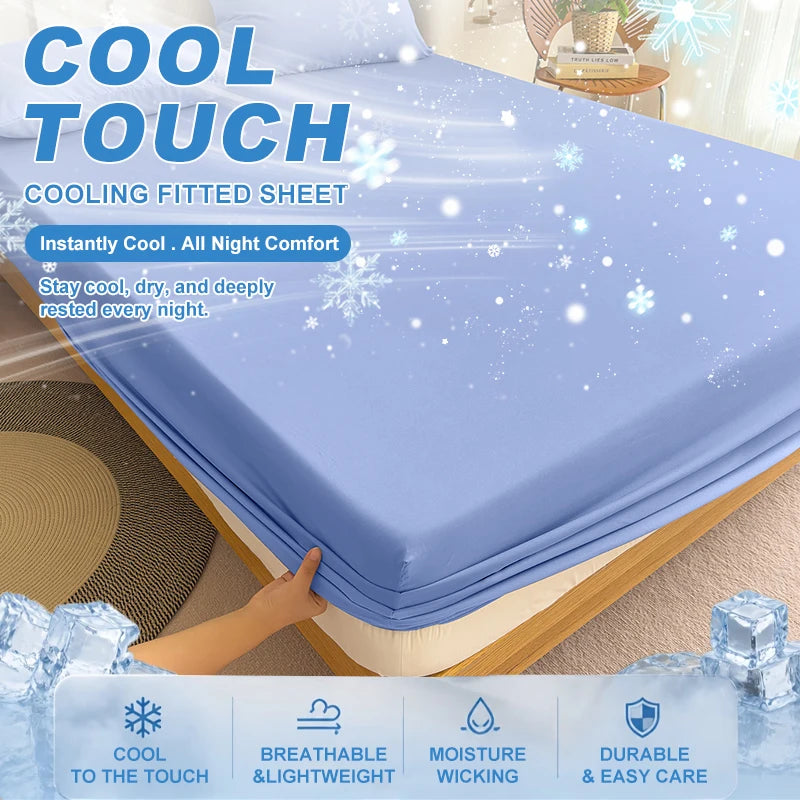 A close-up of a light blue cooling fitted sheet on a bed, highlighting features like cool to the touch and durable easy care.