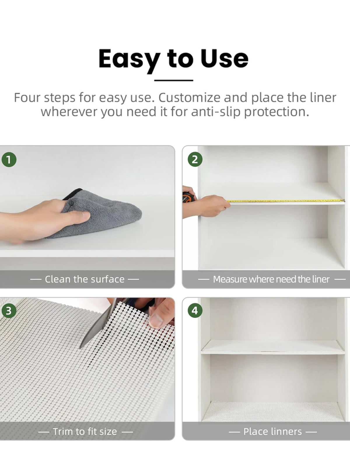Four steps guide showing how to use a silicone non-slip drawer liner for anti-slip protection.