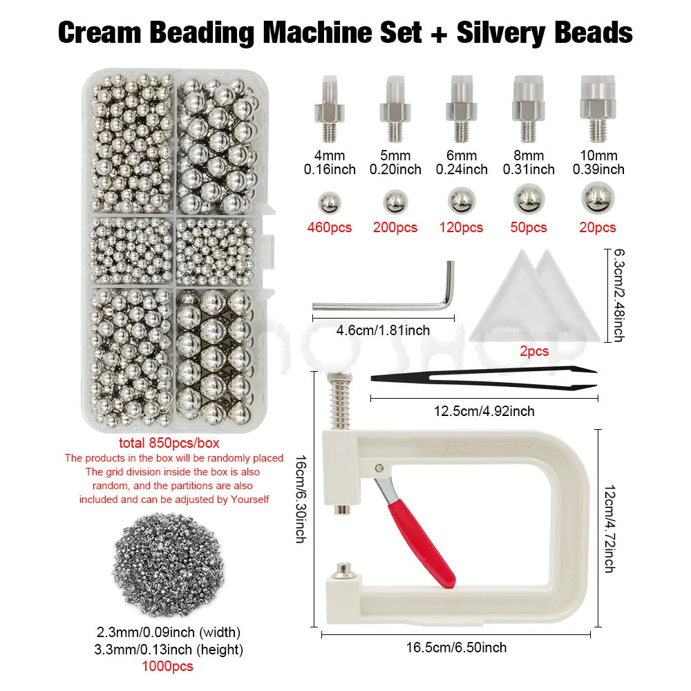 A set of cream beading machine beads including various sizes and a handheld tool for making silver beads