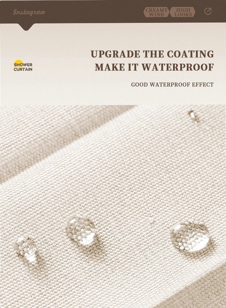 Close-up of a beige fabric curtain showing water droplets on the surface, demonstrating a waterproof coating.