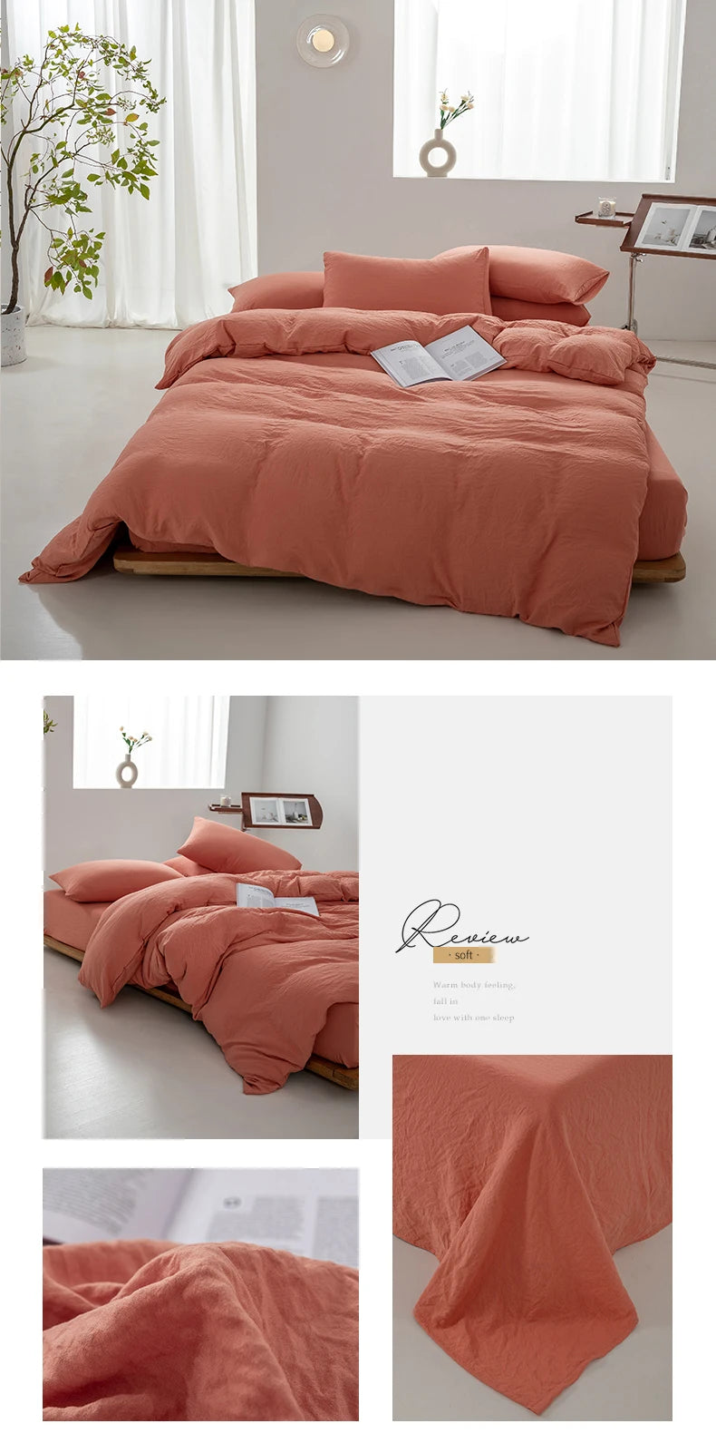 A terracotta colored minimalist duvet cover displayed on a bed with natural light and white curtains.