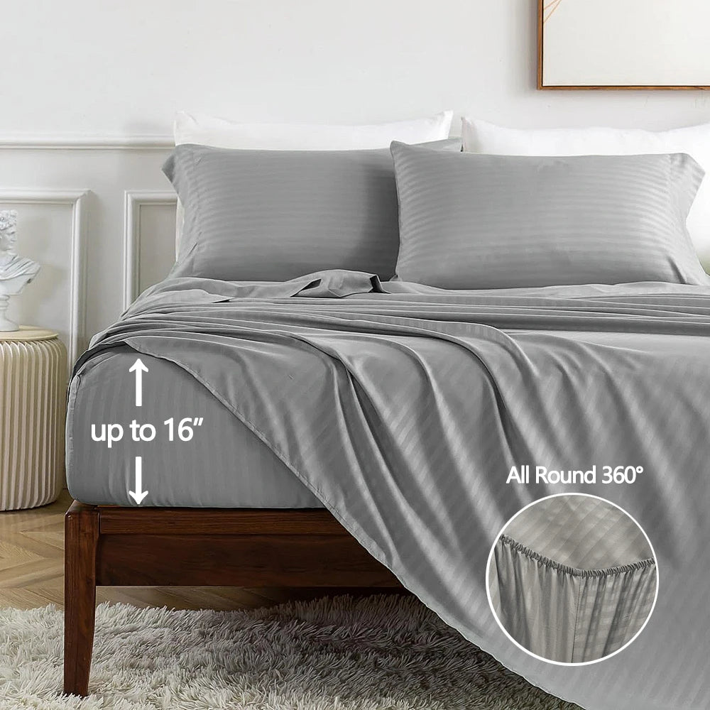 Gray striped bedding set featuring a duvet cover and pillow, highlighting its 360-degree coverage.