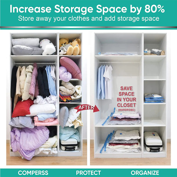 Vacuum storage bags for clothes and linens shown in a three-panel display demonstrating how to increase storage space.