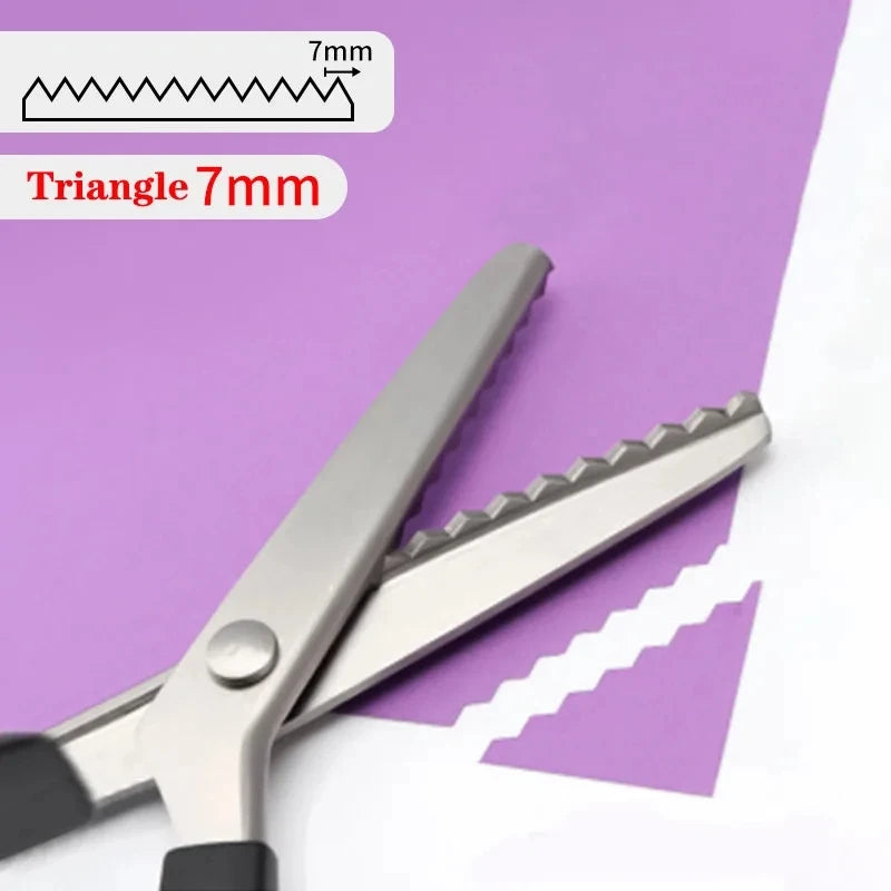 Stainless steel zig zag tailor sewing scissors with a 7mm measurement guide shown on purple paper