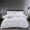 A white premium goose down comforter duvet is displayed on a bed in a modern gray bedroom.