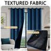 A set of textured navy blue blackout fabric curtains shown in front and back views.