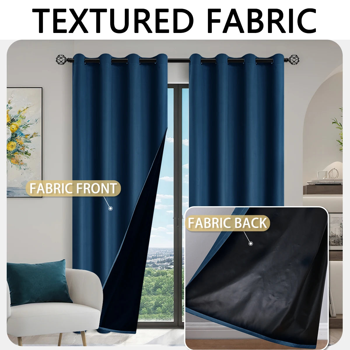 A set of textured navy blue blackout fabric curtains shown in front and back views.