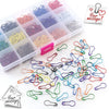 A collection of colorful safety bulb pins for knitting and sewing, including various colors like red, blue, yellow, and green
