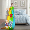 A colorful cartoon themed throw blanket featuring various animal characters and the text Number Blocks draped over a bed.