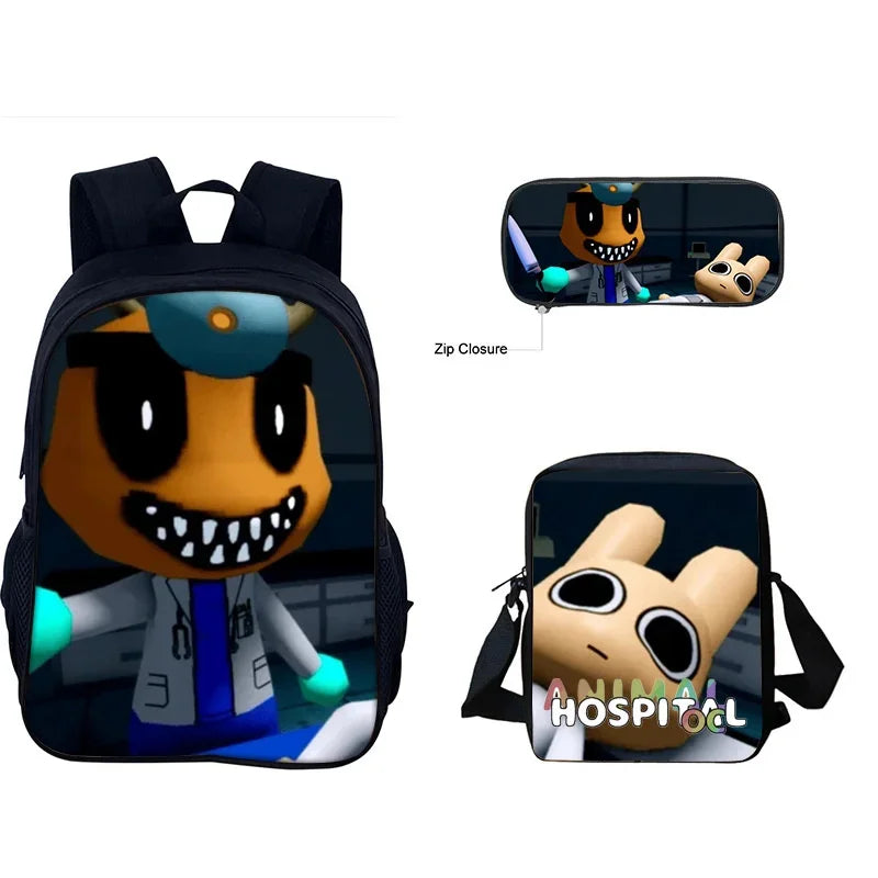 A black backpack featuring a character from Animal Hospital, with an inset showing another character.