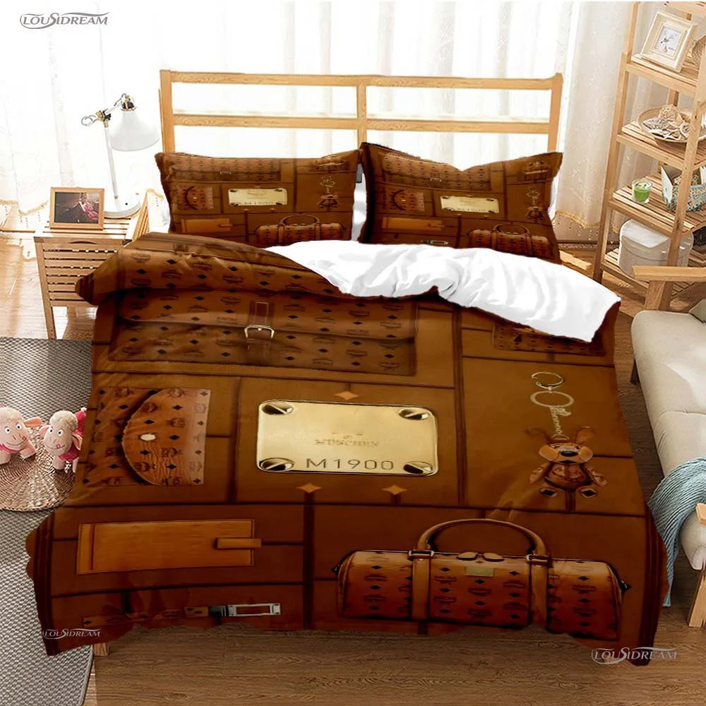 A luxurious brown duvet cover set displayed on a bed with wooden headboard and surrounding furniture.