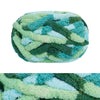 A round, hand-knitted wool finger line scarf in shades of green and blue.