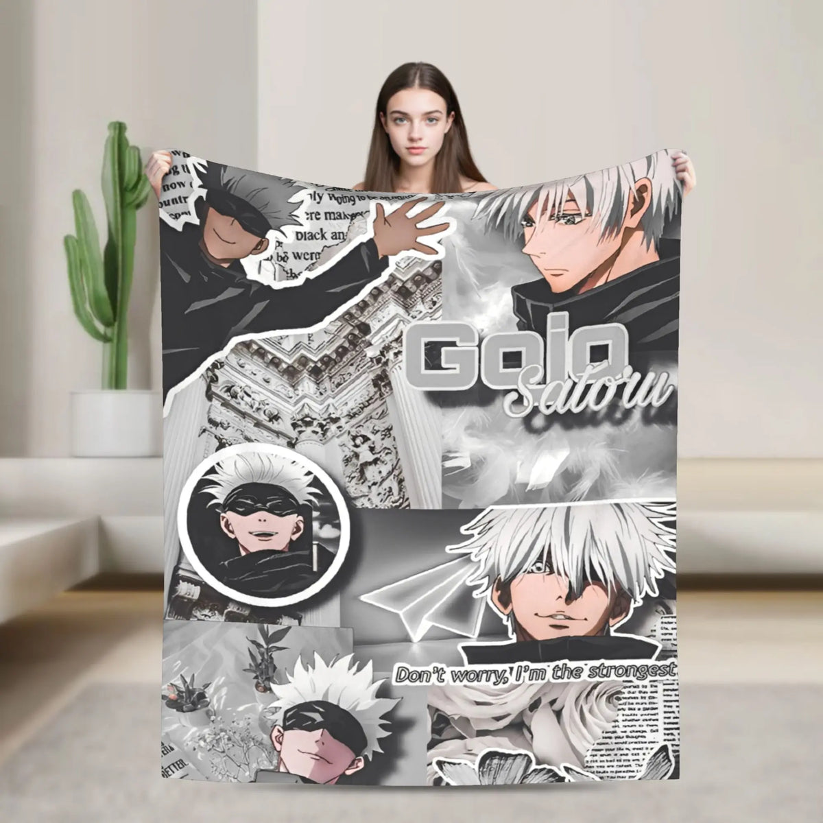 A flannel throw blanket featuring artwork of Gojo Satoru from Jujutsu Kaisen