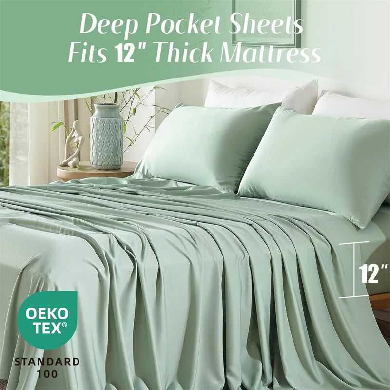 Light green deep pocket sheets fitted for a 12 inch thick mattress with a bamboo bed sheet set