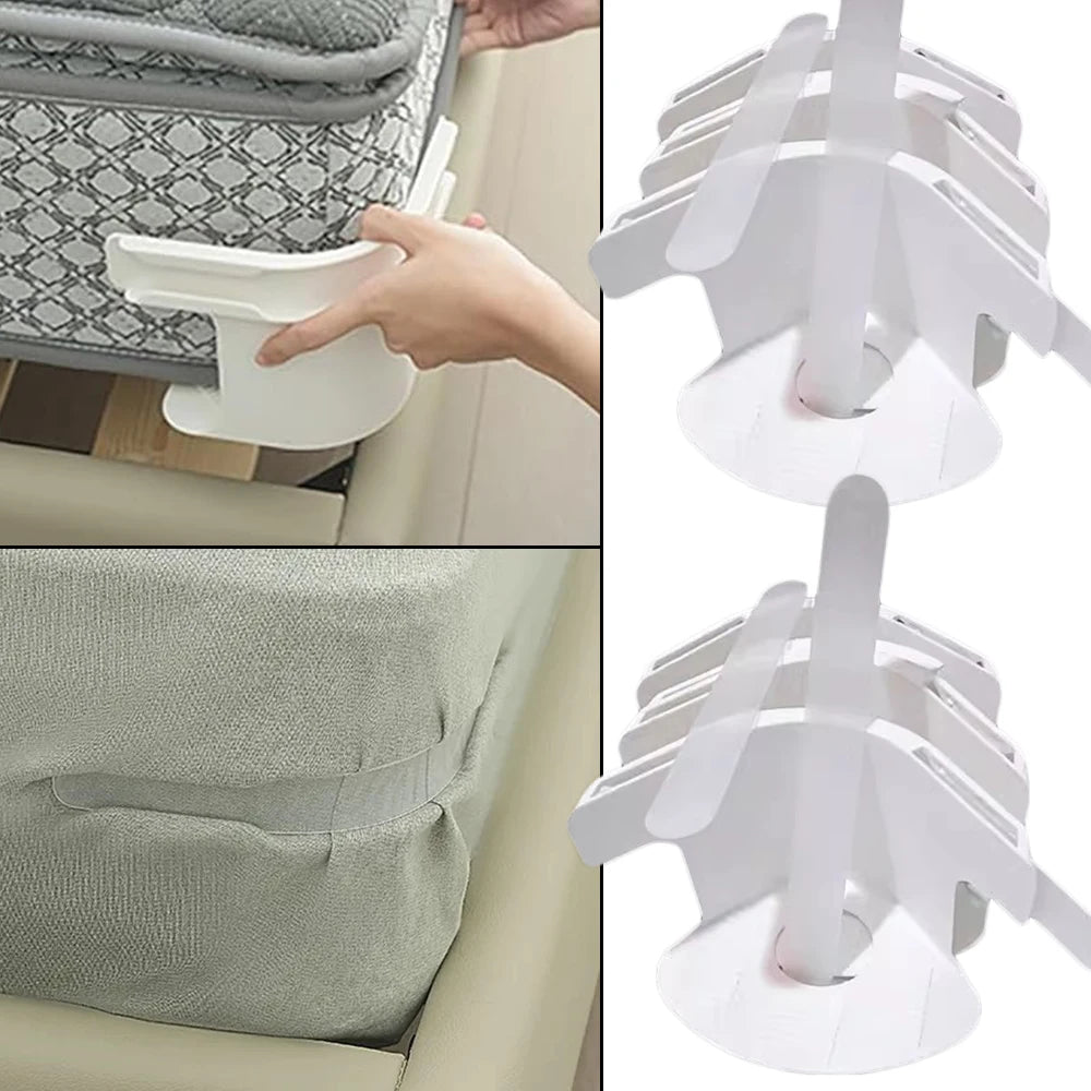 White clips used to tighten the corner of a gray bedsheet or mattress cover.