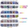 A collection of 6012 pieces of various colored and sized rhinestones packaged in clear plastic compartments.