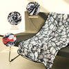 A patterned blanket featuring various doodles and designs, shown alongside close-ups of the velvet fabric texture.