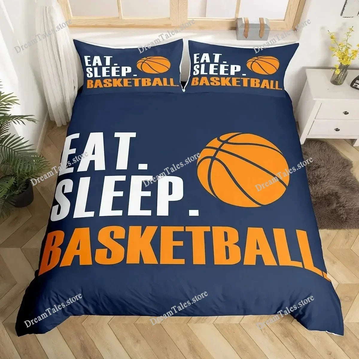 Navy duvet cover featuring orange text and basketball graphics for a sports theme.