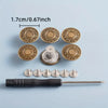 A set of 10 brass denim buttons and a metal tool for sewing.