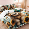 A bedding set featuring a large print of a Highland cow head in shades of brown and gold flowers.