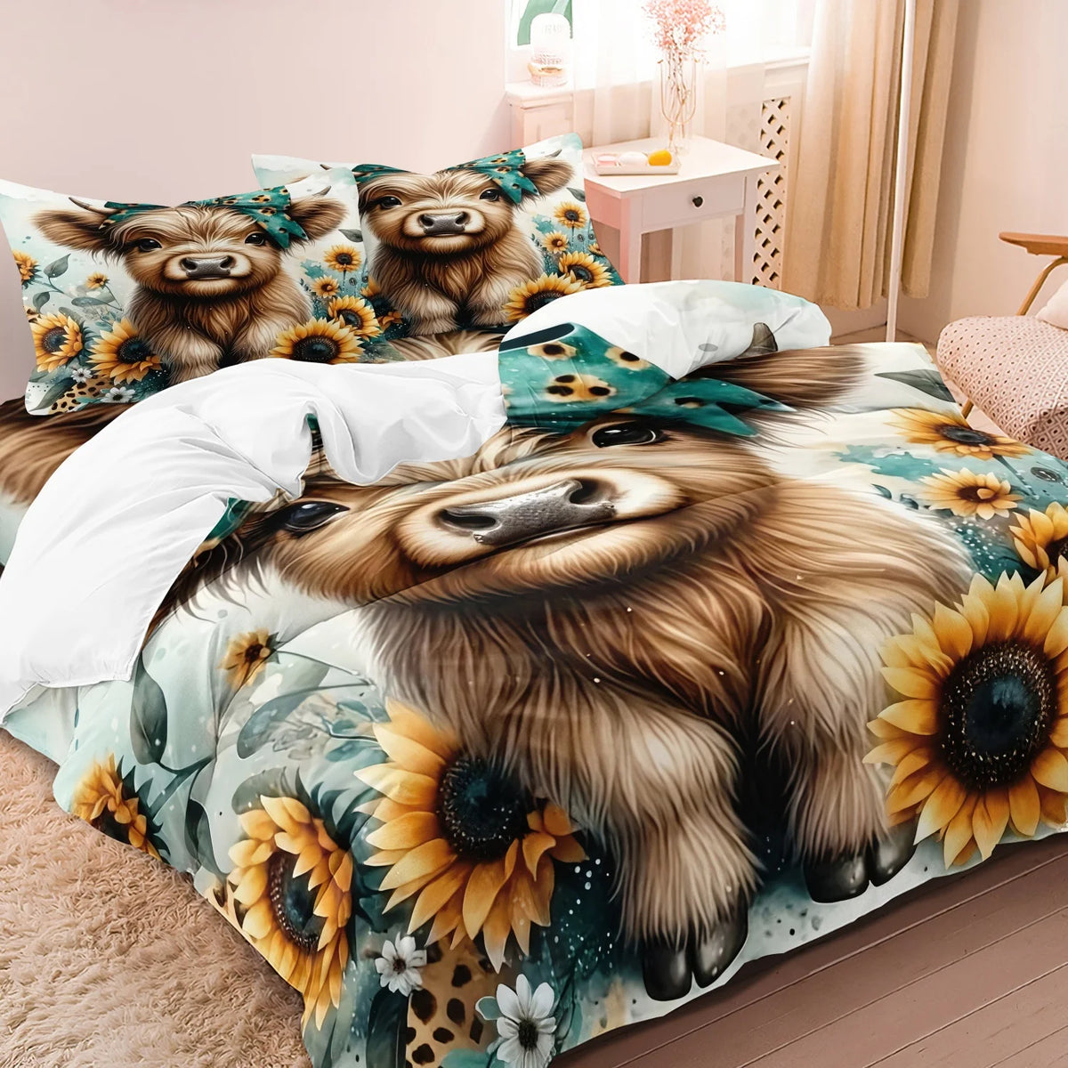 A bedding set featuring a large print of a Highland cow head in shades of brown and gold flowers.