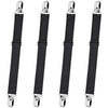 Four black adjustable bed sheet corner straps with metal hardware.