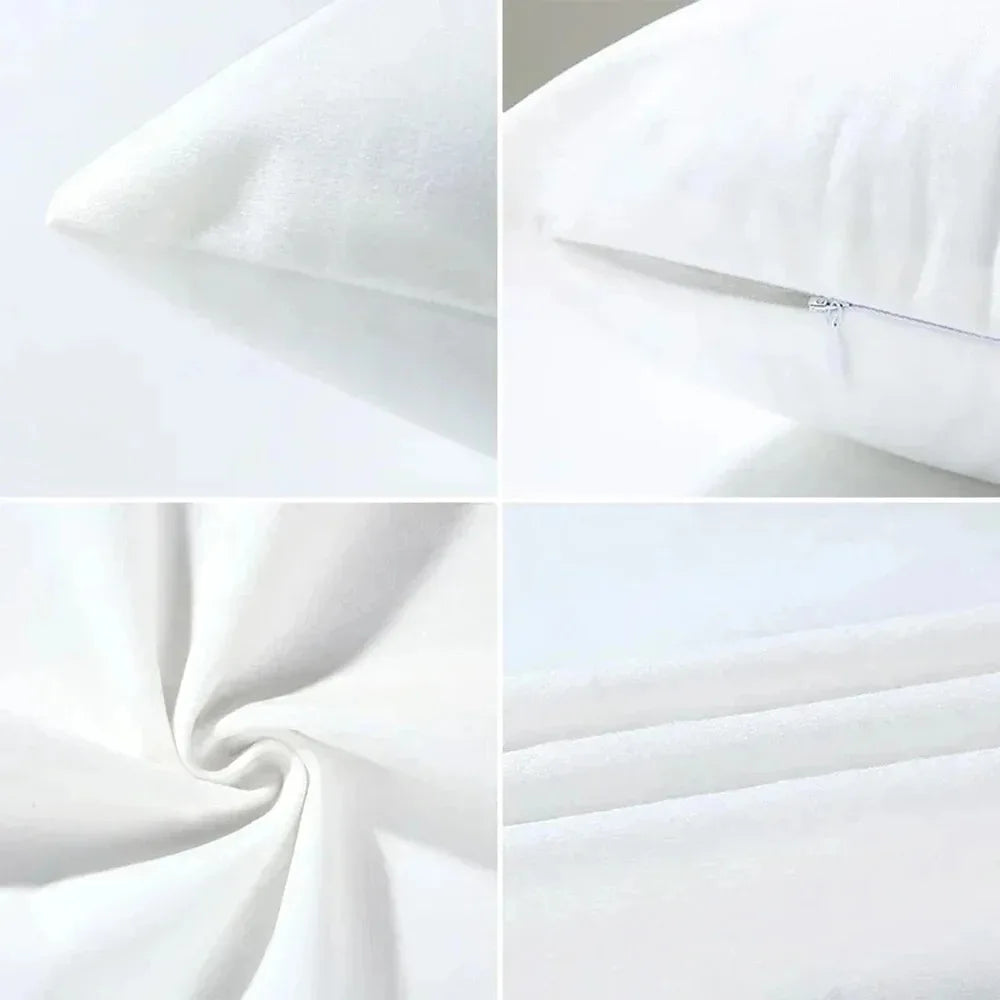 Close-up shots of a white fabric pillow cover with a monster print detail and a zipper closure.