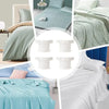 A collection of heavy duty bed sheet corner tightener clips in white and pink, shown in various bedding contexts.
