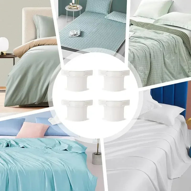 A collection of heavy duty bed sheet corner tightener clips in white and pink, shown in various bedding contexts.