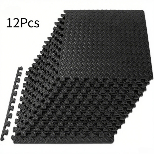 A stack of 12 interlocking foam exercise mats in black.