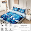 A set of three funny printed duvet covers featuring a blue and white design displayed on a bed.