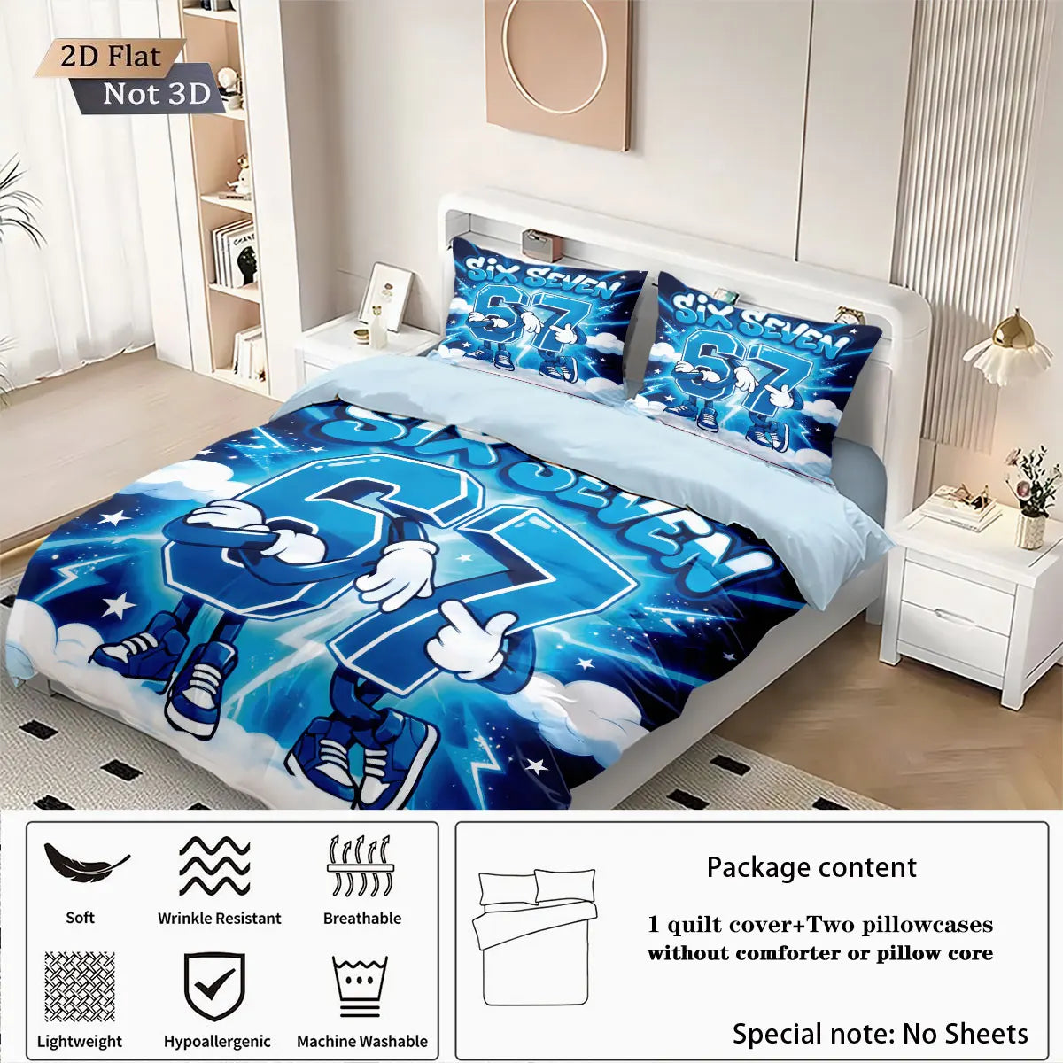 A set of three funny printed duvet covers featuring a blue and white design displayed on a bed.