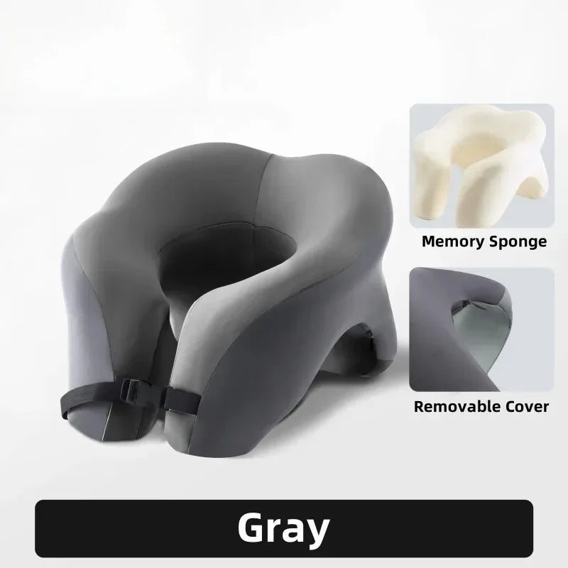 Gray memory foam U-shaped travel neck pillow with a removable cover and memory sponge