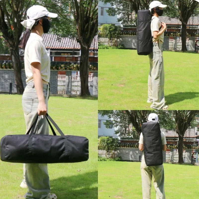 A person is shown carrying a black durable Oxford cloth storage bag outdoors.