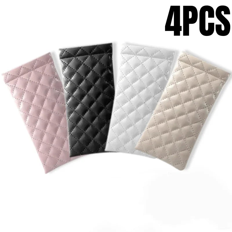 Four quilted PU leather eyeglass cases in pink, black, white, and beige with cleaning cloths.