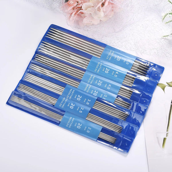 A set of 20cm stainless steel knitting needles packaged in a blue plastic case.