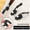 A black universal zipper head is shown attached to a zipper, demonstrating a tool-free repair method.