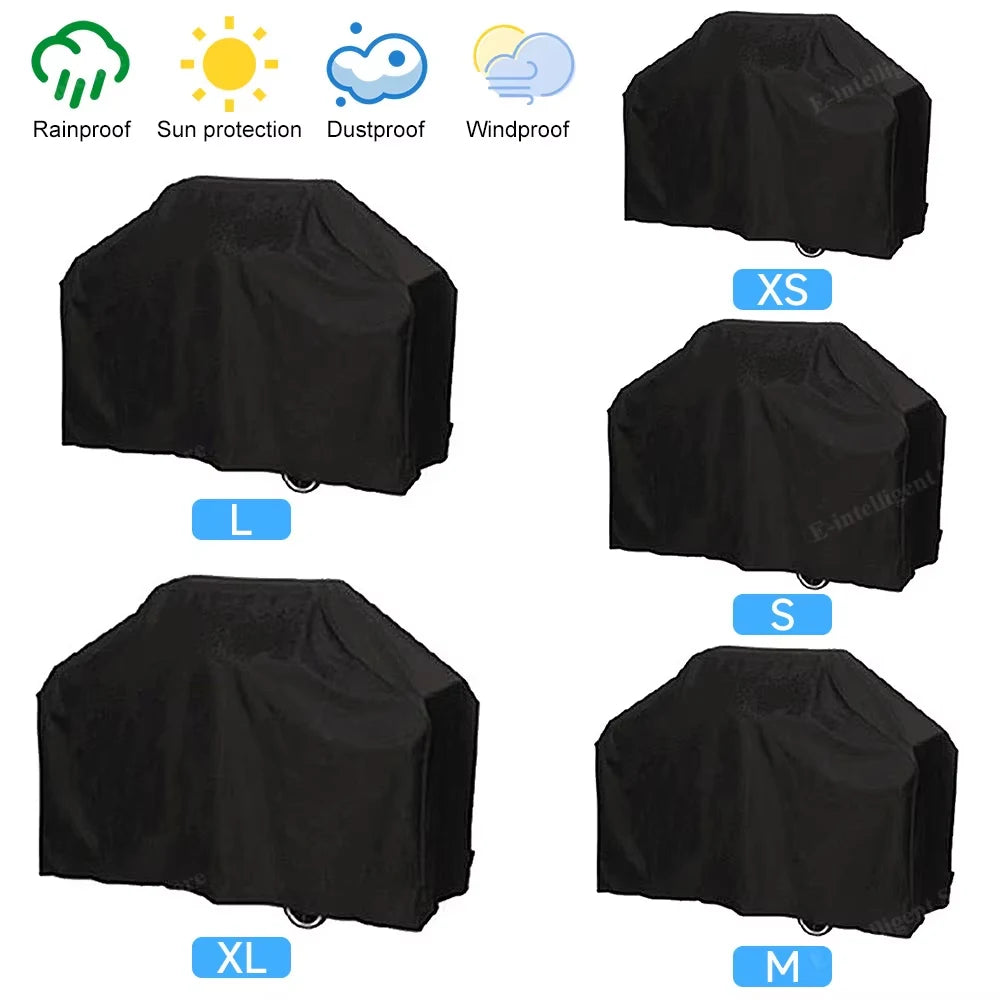 Various sizes of a black heavy duty waterproof grill cover including L, S, M, and XL options